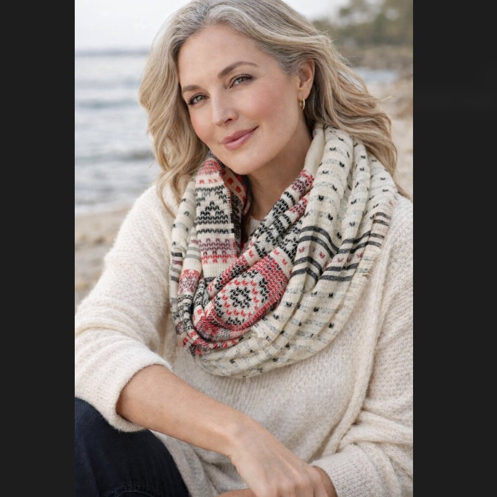 J. Jill Infinity Scarf Fair Isle Jacquard Cream Fringe Boho Wrap Knit Cozy NWT